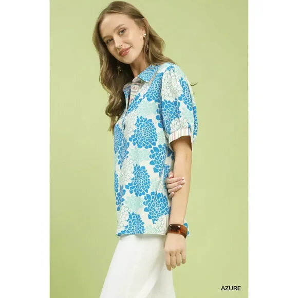Umgee Floral Collared Short Sleeve Blouse - Picture 2 of 5